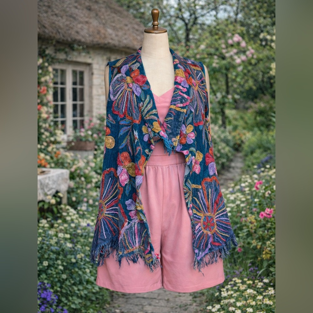 Vintage Anu Blue, Floral, Fringe, Wool Vest